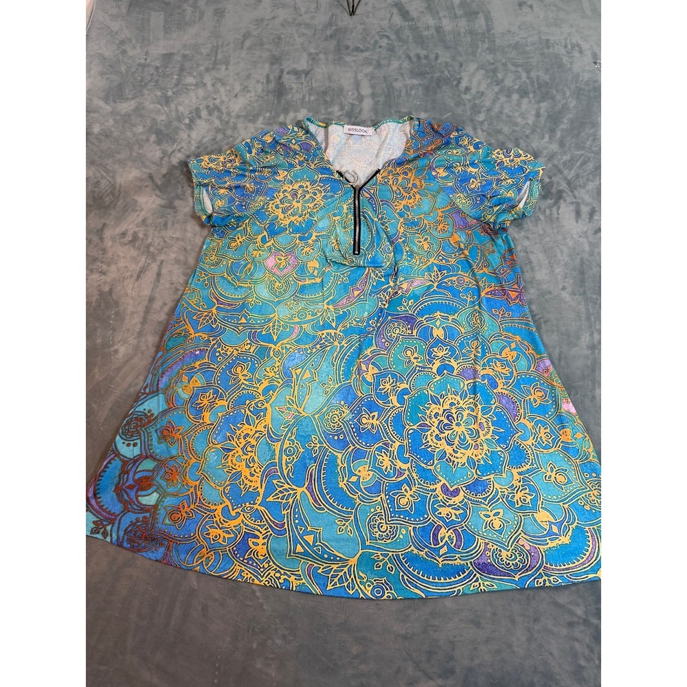 Misslook Womens 3XL Mandala Paisley Print Zip V-Neck Tunic Top Blue Gold Boho